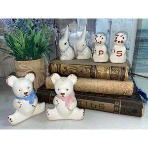 Vintage Ceramic Animal Salt & Pepper Shakers Bear Bunnies Squirrel Hand Painted